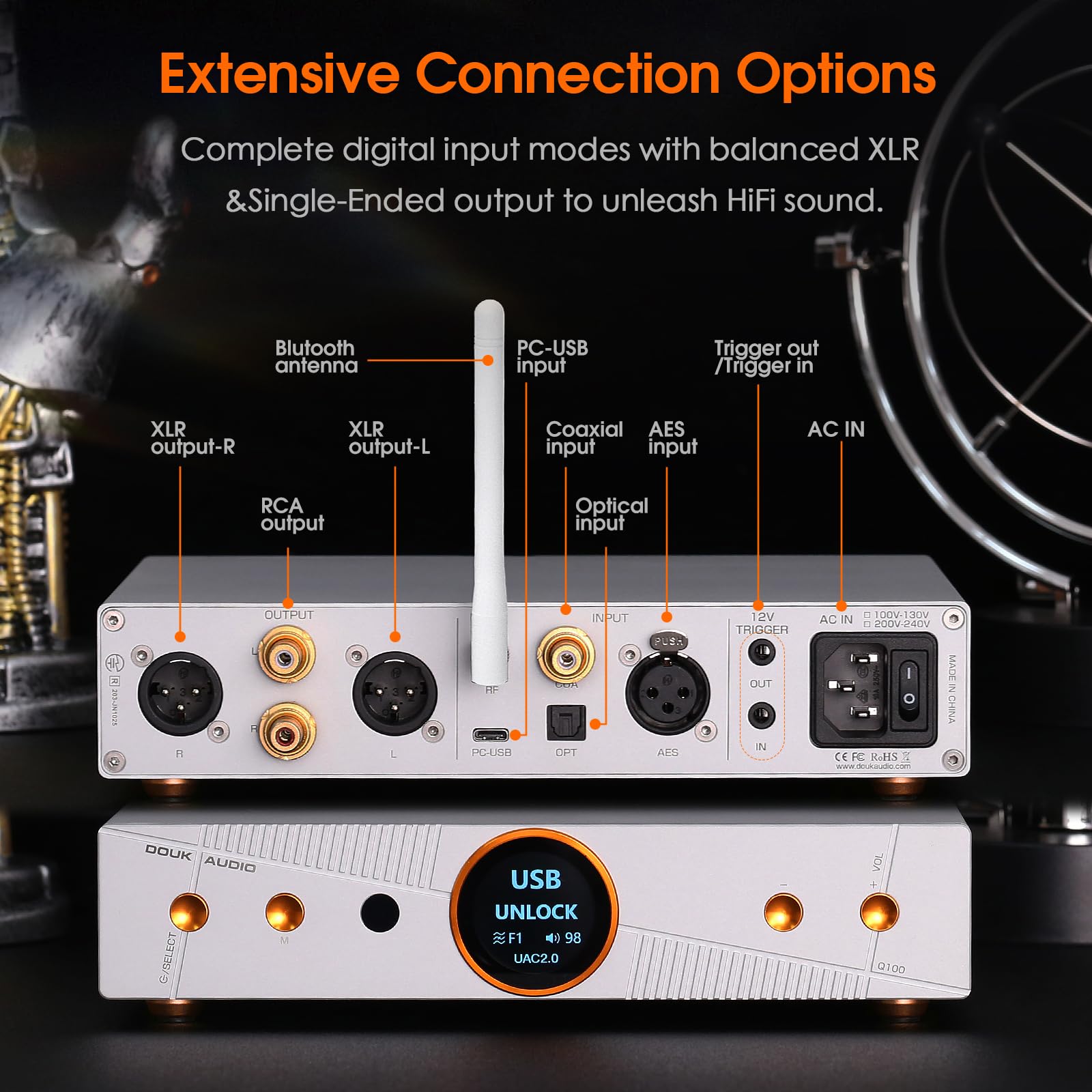 Douk Audio Q100 Balanced DAC: Hi-Res-DAC mit AK4499EX und AK4191 (PCM 768 kHz/32 Bit & DSD512) – Bluetooth 5.1 LDAC – XLR-/Cinch-Ausgänge für Audiophile und den Studioeinsatz