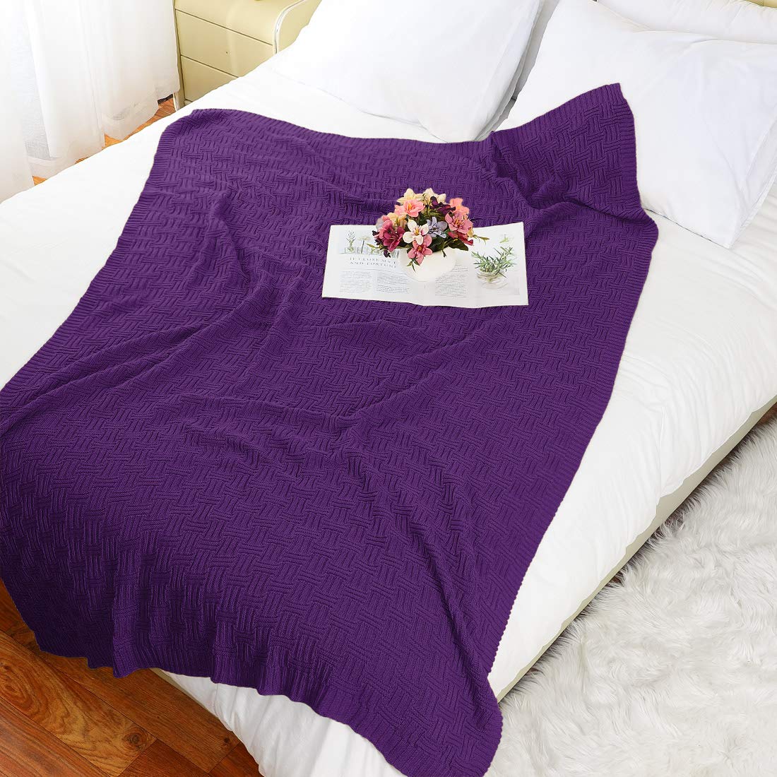 Sourcing Map Manta de punto trenzado 100% algodón, manta suave y ligera, manta de sofá texturizada, funda de sofá, mantas de punto decorativas, morado, 47 x 70 pulgadas
