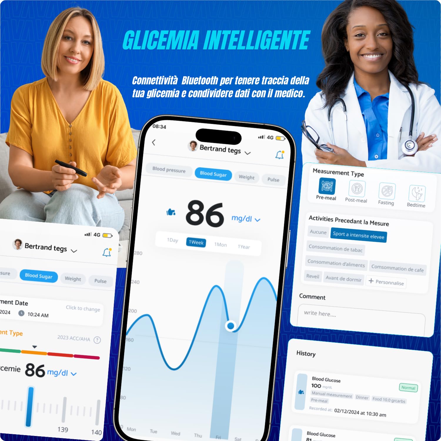 G1 Pro misuratore glicemia bluetooth, Glucometro con 50 strisce GDH-FAD e 50 lancette, misura glicemia rapida e precisa, facile da usare, ideale per diabete tipo 1, 2 e gestazionale, mg/dL