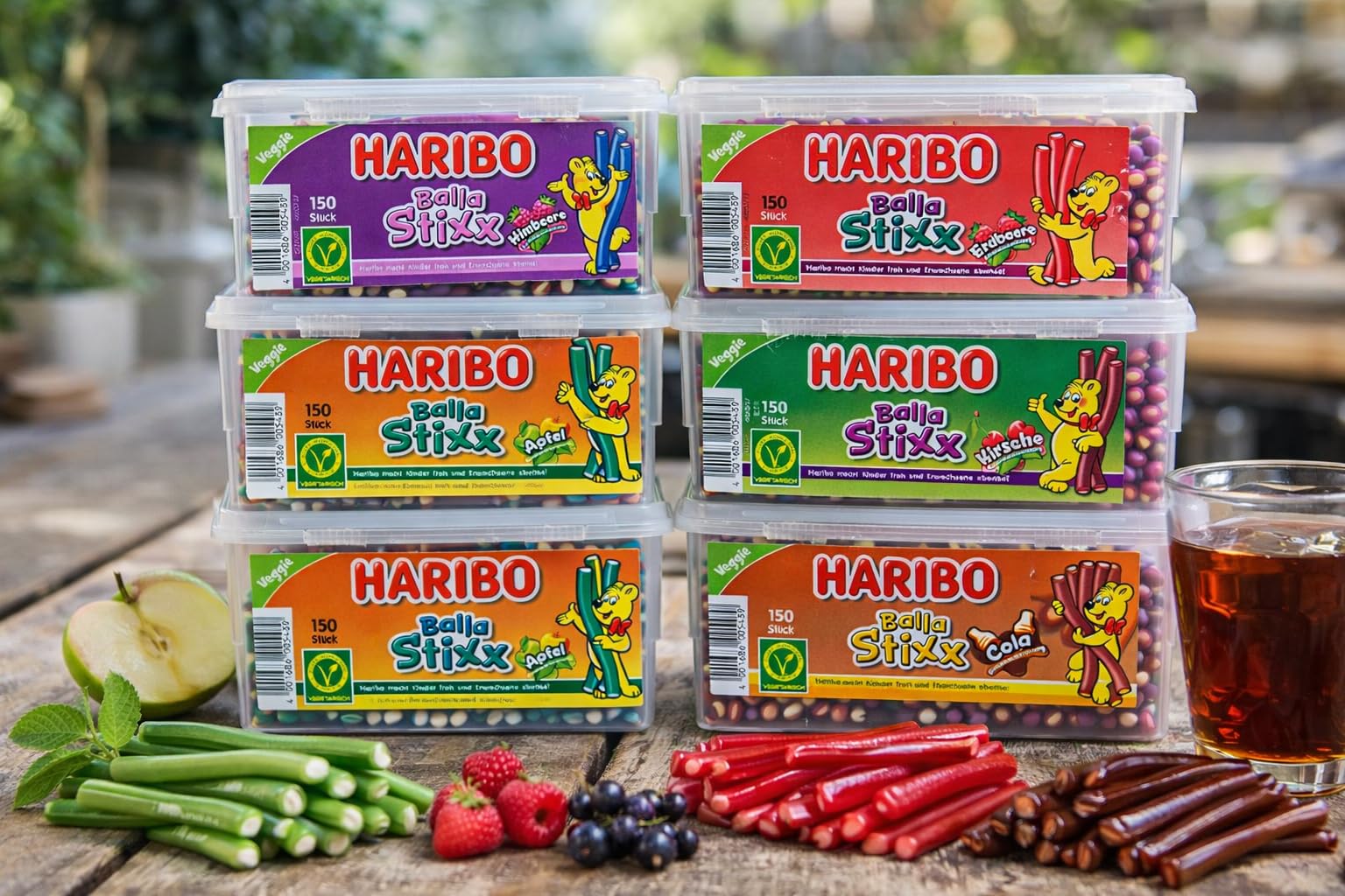 minafood Bundle für Balla Stixx 5er Set – 5 x 150 Stück – Erdbeere, Himbeere, Kirsche, Apfel & Cola – Vegetarische Fruchtgummi Stangen – Vorratsbox + minafood Notizblock