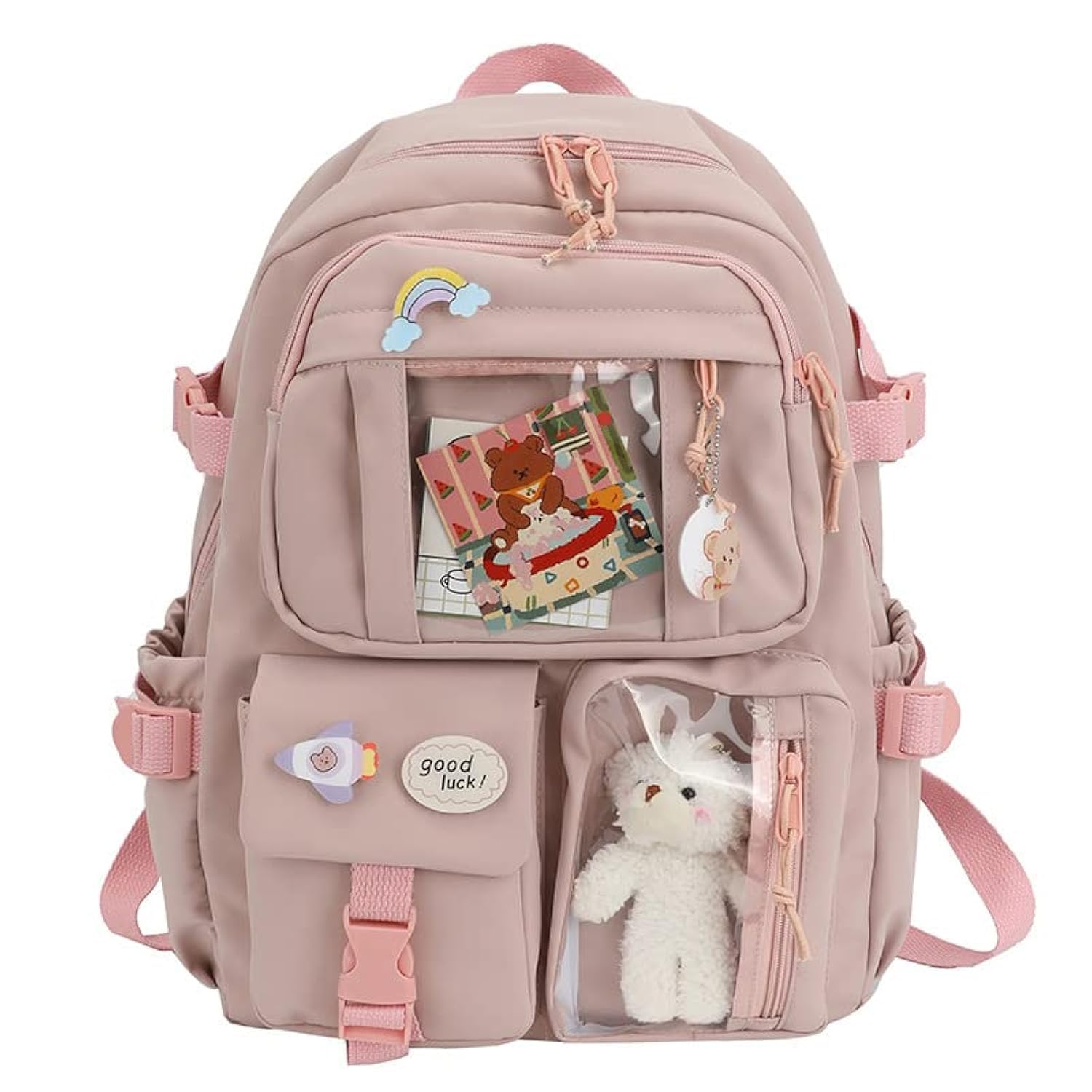 mtroyaldia Kawaii Standard Backpack With Kawaii Pin And Accessories, Large Capacity Cute Bear Accessories Stas Kas For Teen Girls (Pink)-picture-55
