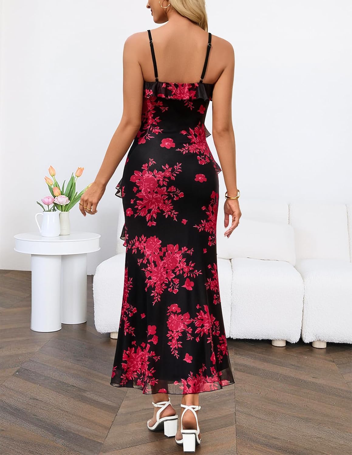 MEROKEETY Spring Wedding Guest Dress for Women 2026 Summer Floral Cocktail Party Beach Vacation Ruffle Bodycon Maxi Dresses - Image 4