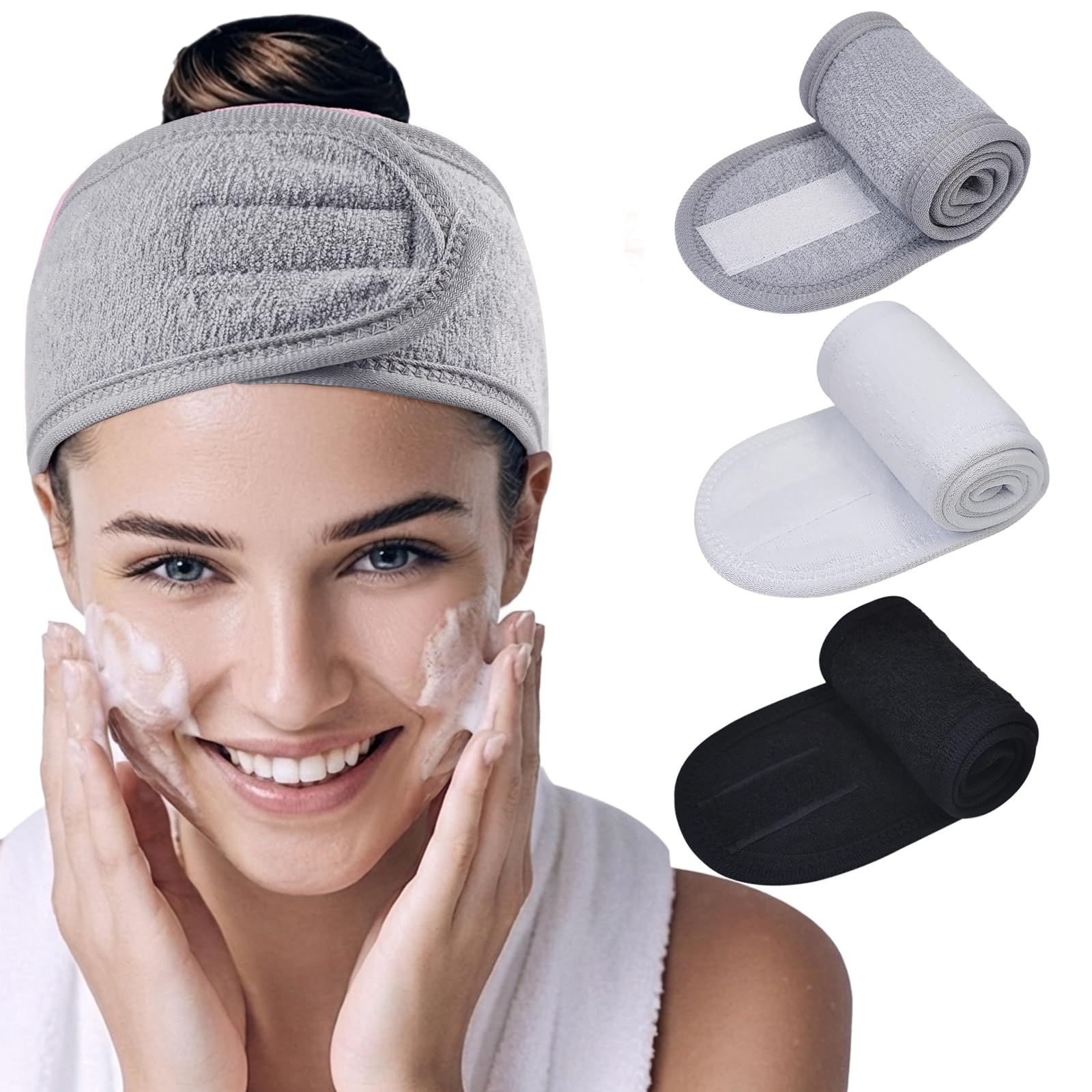 HFZRZFH 3-Pack Adjustable Velcro Terry Cloth Spa Headbands for Women - For Face Washing, Skincare, Makeup, and Shower (Gray, White, Black)