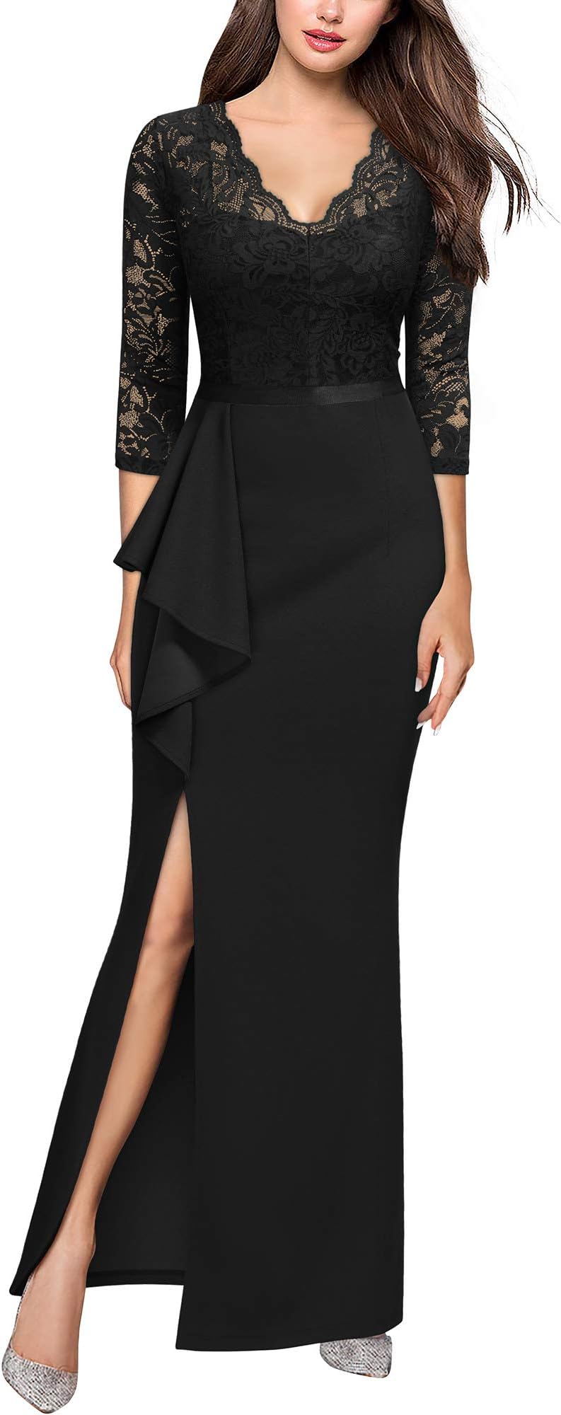 Women's Vintage Floral Lace Ruffle Half Sleeve Evening Party Formal Long Dress