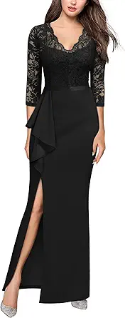 Women's Vintage Floral Lace Ruffle Half Sleeve Evening Party Formal Long Dress