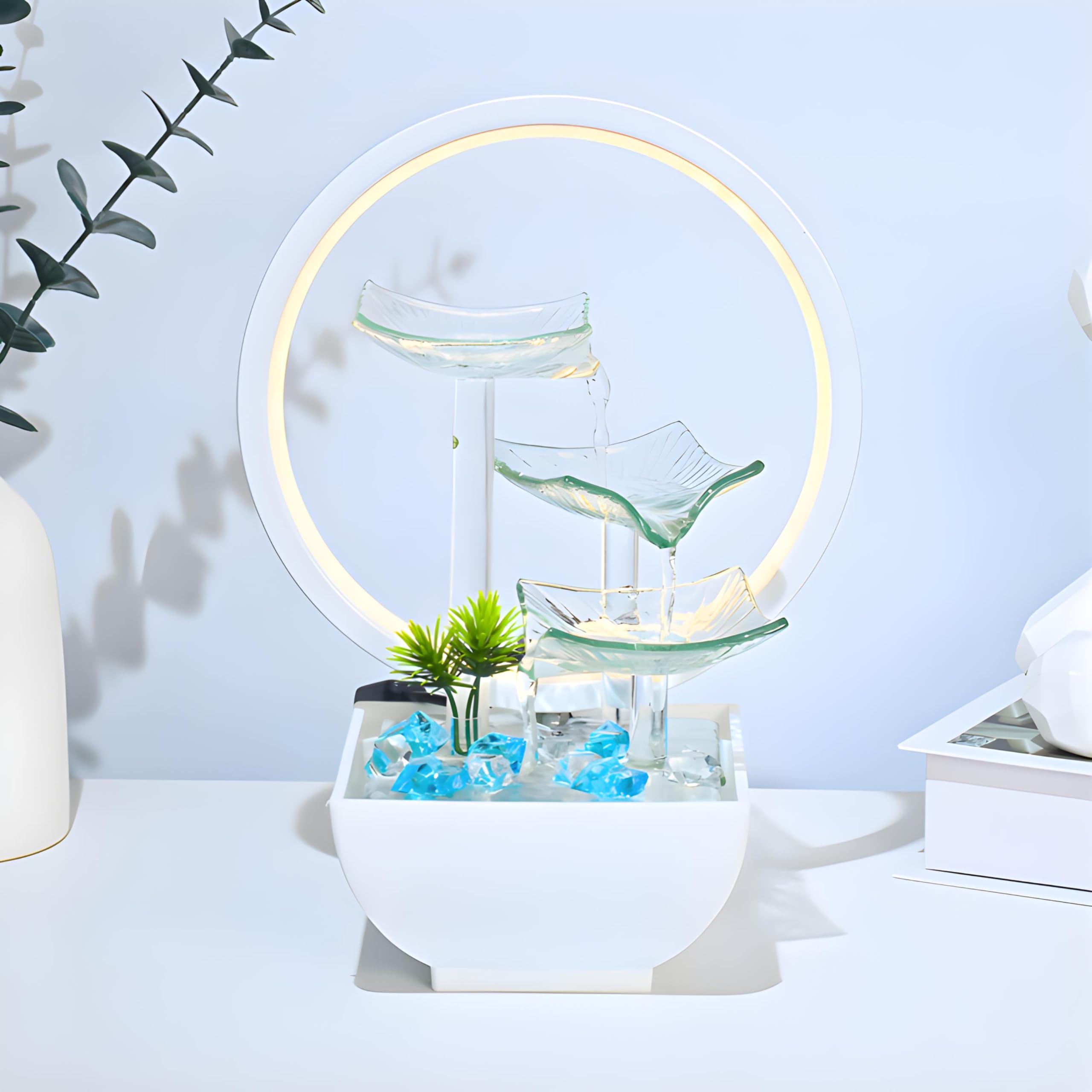 Water Fountain for Home Decor 29cm Glass Indoor Waterfall with LED Light & Blue Stones – Electric Tabletop Showpiece for Living Room, Office Desk & Bedroom – Lucky Feng Shui Gift (Frost White)-image-19