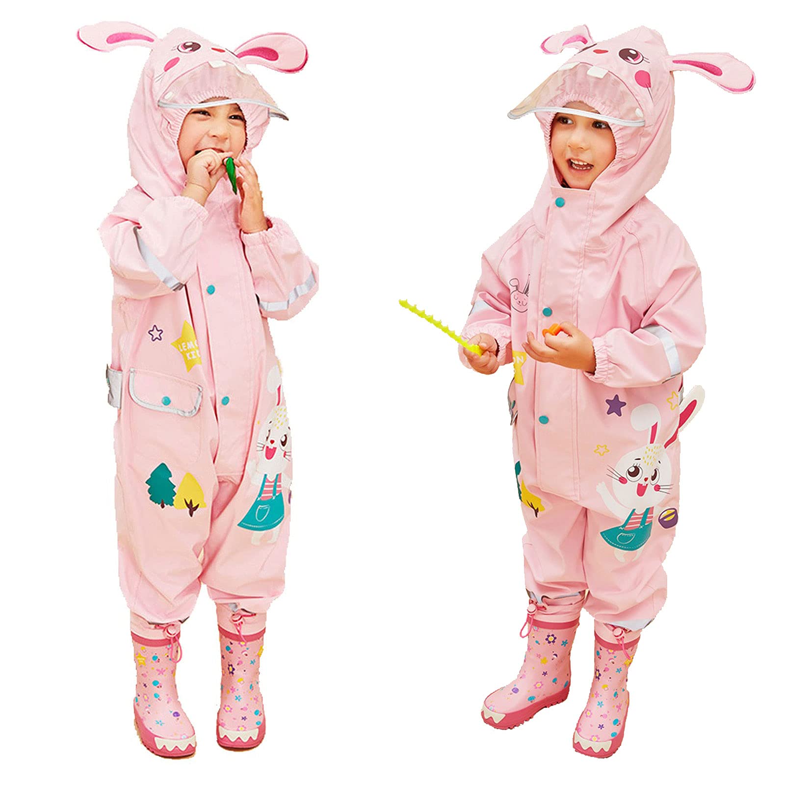 JinBei Imperméable Garçon Fille à Capuche Combinaison de Pluie Enfant Manteau Veste Pantalon Dessin 3D Animé Mignon Cape Unisexe Léger Rayure Réfléchissante Randonnée Outdoor Imperméables 1-8 Ans