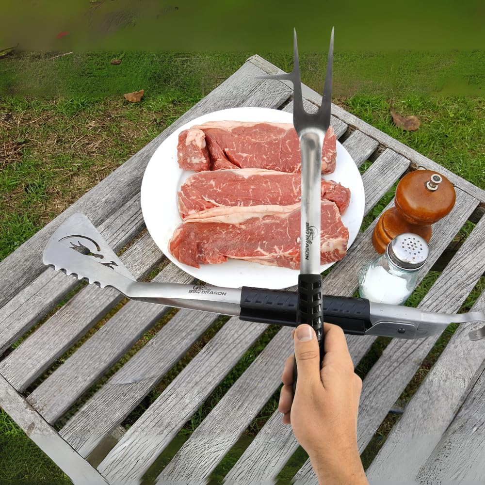 BBQ Dragon - Grill Utensils - BBQ Tools Grilling Tools Set - Spatula, Fork, Tongs Combined in 2 Barbecue Grilling Accessorie BBQ Set - Barbecue Utensils Set - Grill Tool Set for Outdoor Grill