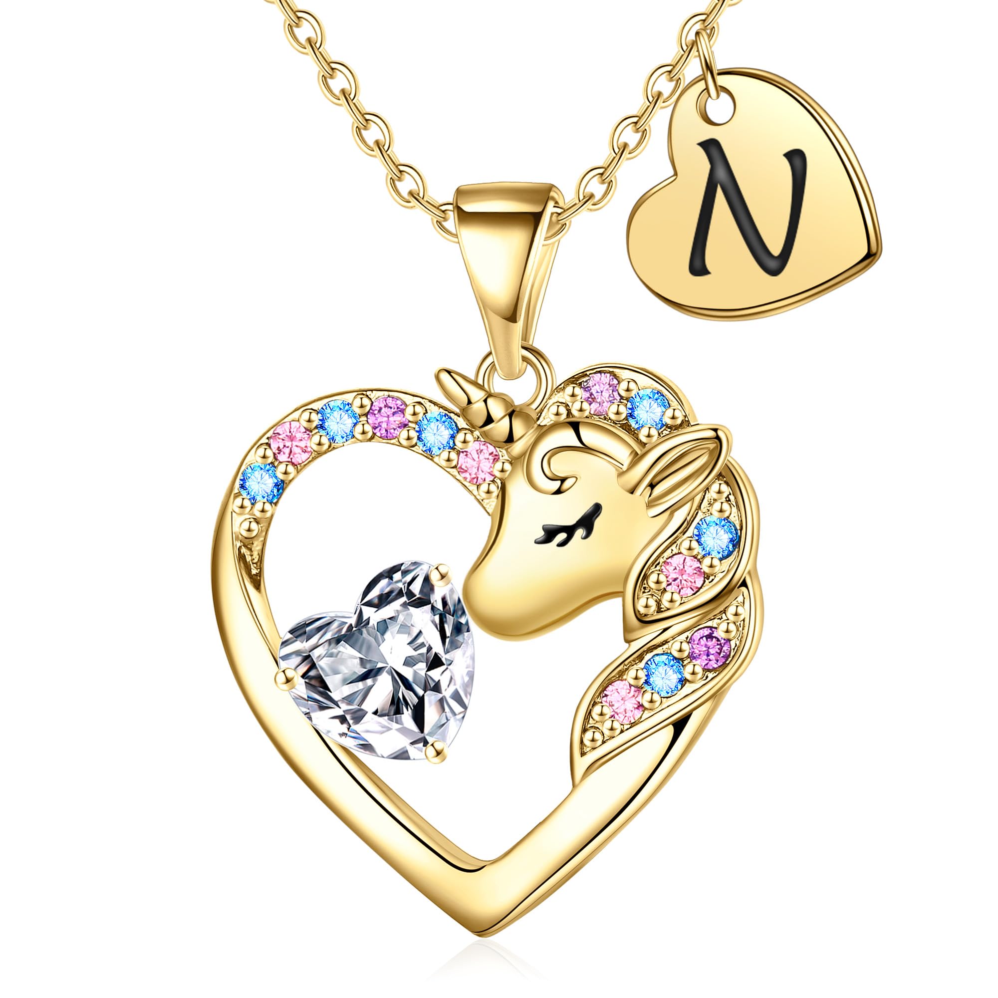 IEFRICH Valentines Gifts for Kids Girls Unicorn Necklace - Colorful CZ Heart Initial Necklaces Unicorn Necklace for Girls Jewelry Birthday Gifts for