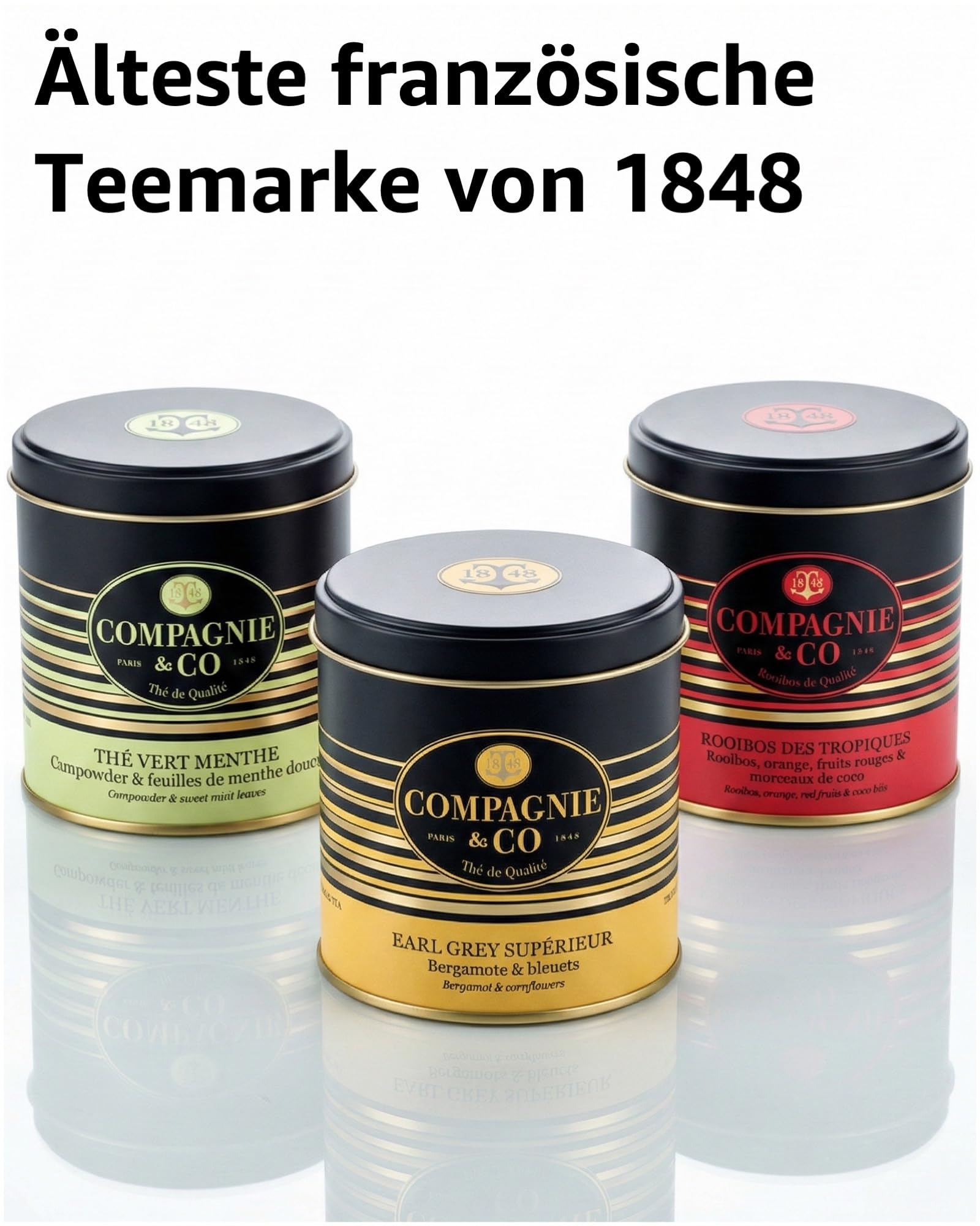 Edles Trio Tee-Geschenkset: Earl Grey, Rooibos Tropiques, Grüner Tee Menthe | Drei Sorten, schmuckvolle Aromadosen, Tee Geschenkideen, Premium Tee, Geschenk für Teeliebhaber, Christmas Hamper