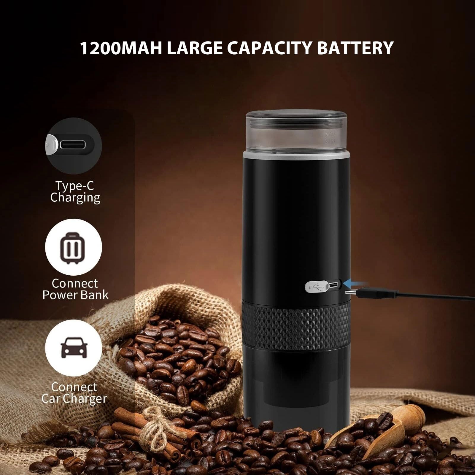 Fockety Cafetera Espresso Portátil, Cafetera de Viaje Compatible con Cápsulas K Cup y Café Molido, Batería 1200mah, Cafetera Monodosis para Camping RV Senderismo Oficina
