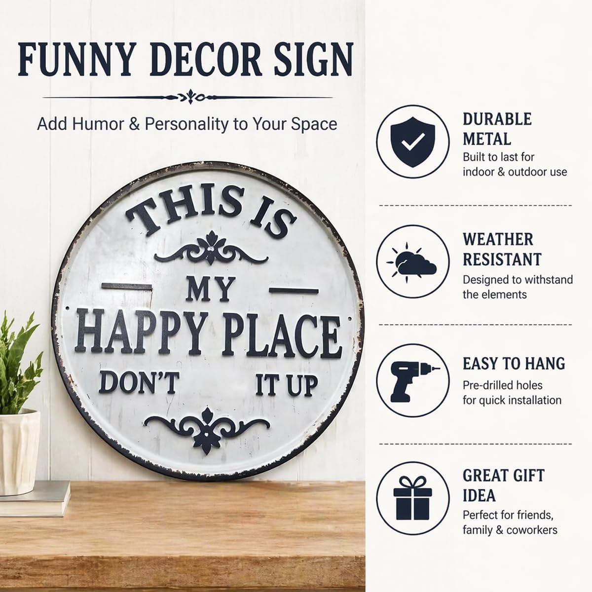 Funny Garden Metal Sign – "This Is My Happy Place Don't F It Up", Vintage Round Wall Decor for Home, Garden, Bar, Coffee Shop, 12x12in