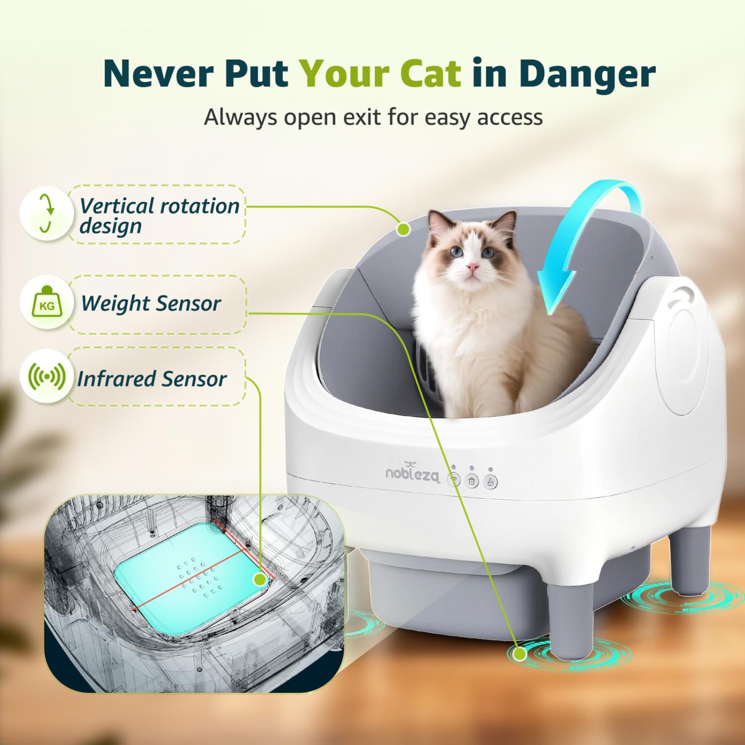 Nobleza Arenero Autolimpiable SL03 para Gatos - Caja de Arena Automática con Control por App, Diseño Abierto, Gran Capacidad, Incluye 2 Rollos de Bolsas y 1 Ambientador, Color Blanco