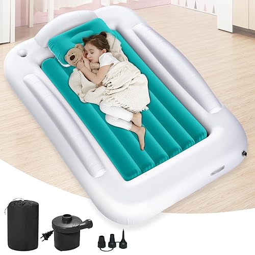 Miniatura 27 de Cama inflable de viaje para niños, colchón de aire portátil y cómodo con parachoques de seguridad de 3 lados, cama inflable para acampar y viajar