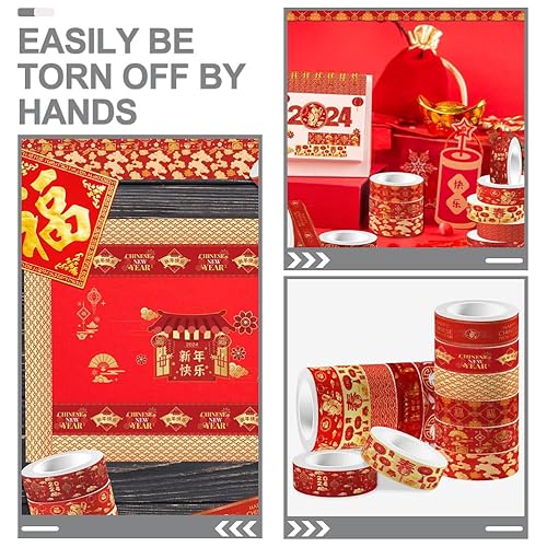 Miniatura 7 de VILLCASE 12 rollos de cinta Washi, estilo de año nuevo chino, juego de cintas Washi rojas para festival de primavera 2024, etiqueta de bricolaje