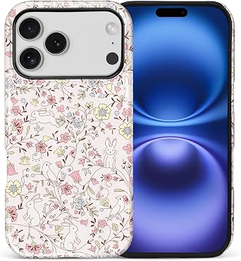 VisEnt for iPhone 17 Pro Case, Cute Phone Case, Aesthetic Dual Layer Shockproof Phone Cover for Women Girls, Spring Botanical Bunny