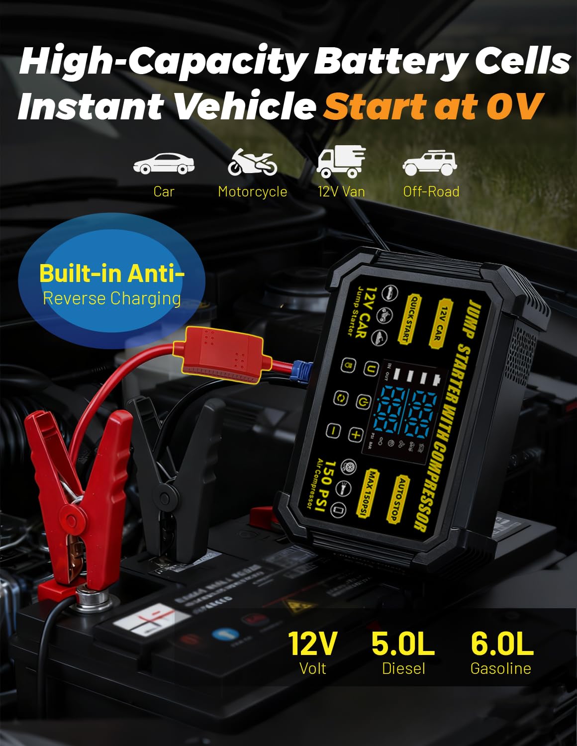 Starter Battery con Inflatore Auto Multifunzionale 150 PSI - Dettaglio