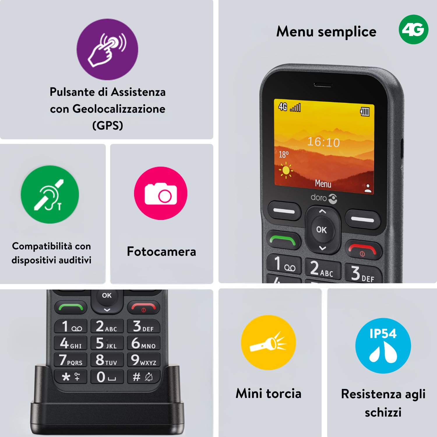 Doro Leva L10 Telefono Cellulare Sbloccato Seniors – Grande Schermo Paesaggio – Suono Potente – Fotocamera – Tasto Assistenza con Localizzazione GPS – Telefono Basic senza Internet (Grafite)