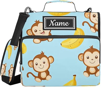 Kcldeci Personalized 3 Ring Zipper Binder with 500 Sheet Capacity Monkey Cartoon Style Multi-Pocket School Bag Custom Binder Bag with Shoulder Strap