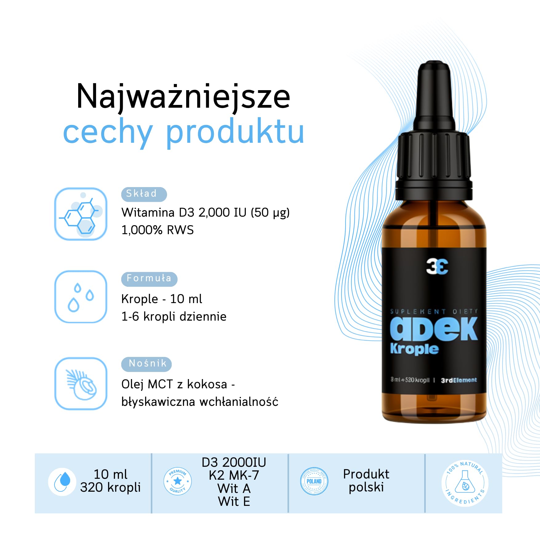 Witaminy ADEK w kroplach 10 ml | Wegańska formuła | Wspiera odporność, wzrok, skórę i kości | 3rd Element Nutrition