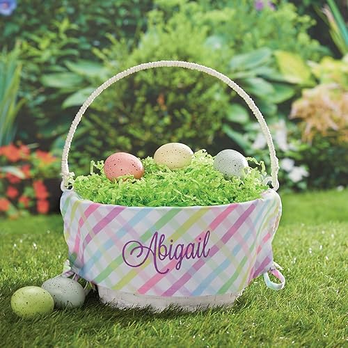 Vista 8 de Cesta de huevo de Pascua personalizada con asa y nombre personalizado Forros de cesta de Pascua multicolor Cesta blanca Cestas de Pascua Hilo