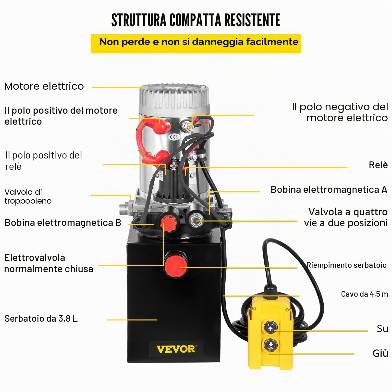 VEVOR 12V Pompa Idraulica Hydraulic Pump DC Doppia Azione con Serbatoio d'Acciaio per Elevatore (4L)