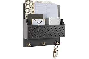 Modern Rustic Wooden Key Holder with Two Tiered Mail Organizer