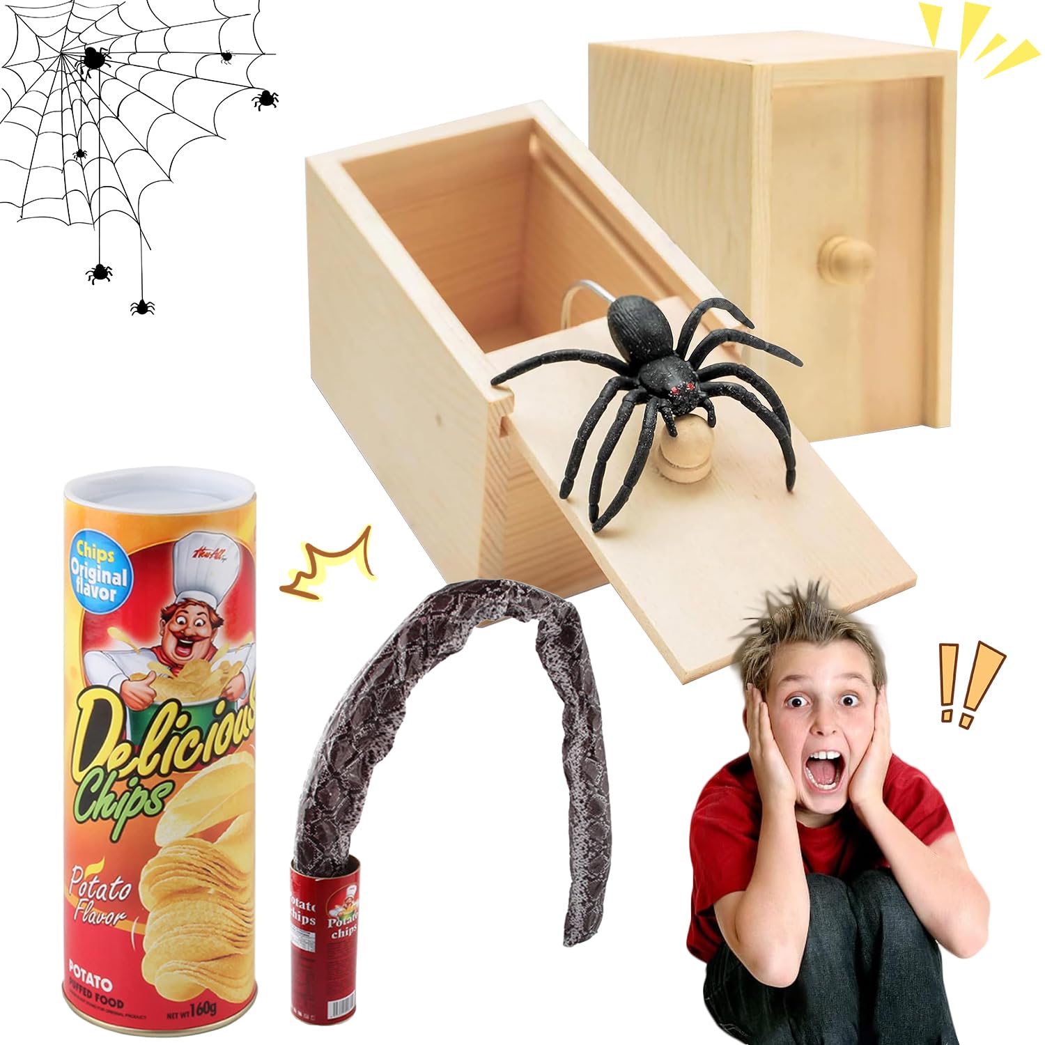 Scatola Scherzo Ragno, 2 Pezzi Spider Box Prank, 1 Pezzi Primavera Serpente Giocattolo, Scherzo Ragno, Lattine di Patatine Scherzi, Scatole di Scherzi a Sorpresa per Halloween e Pesce d'aprile
