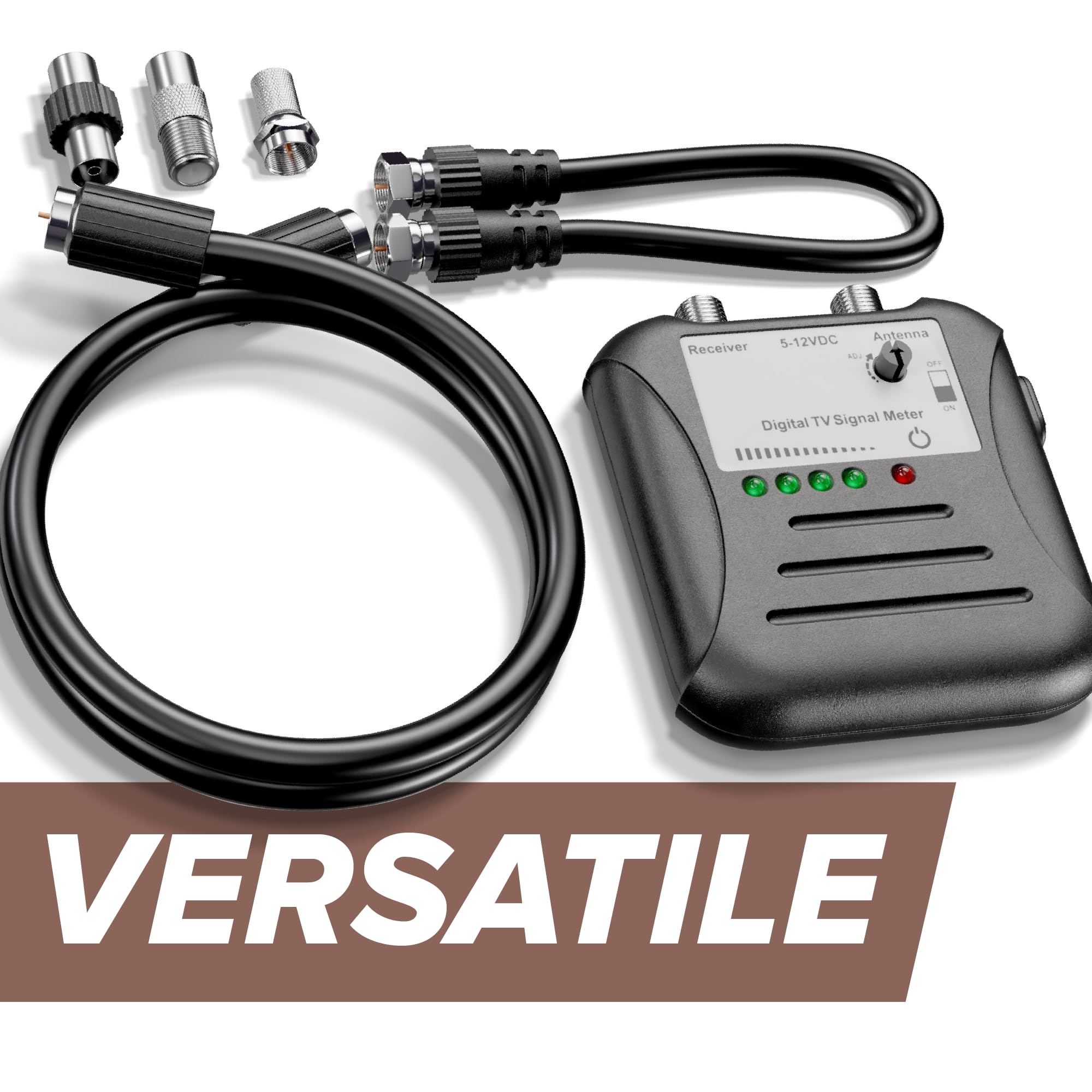 THE CIMPLE CO Signal Strength Meter, LED Indicators, for RV's and Over-The-Air Antennas, Sensitivity Adjuster, TV Antenna Finder, with Coax, Black