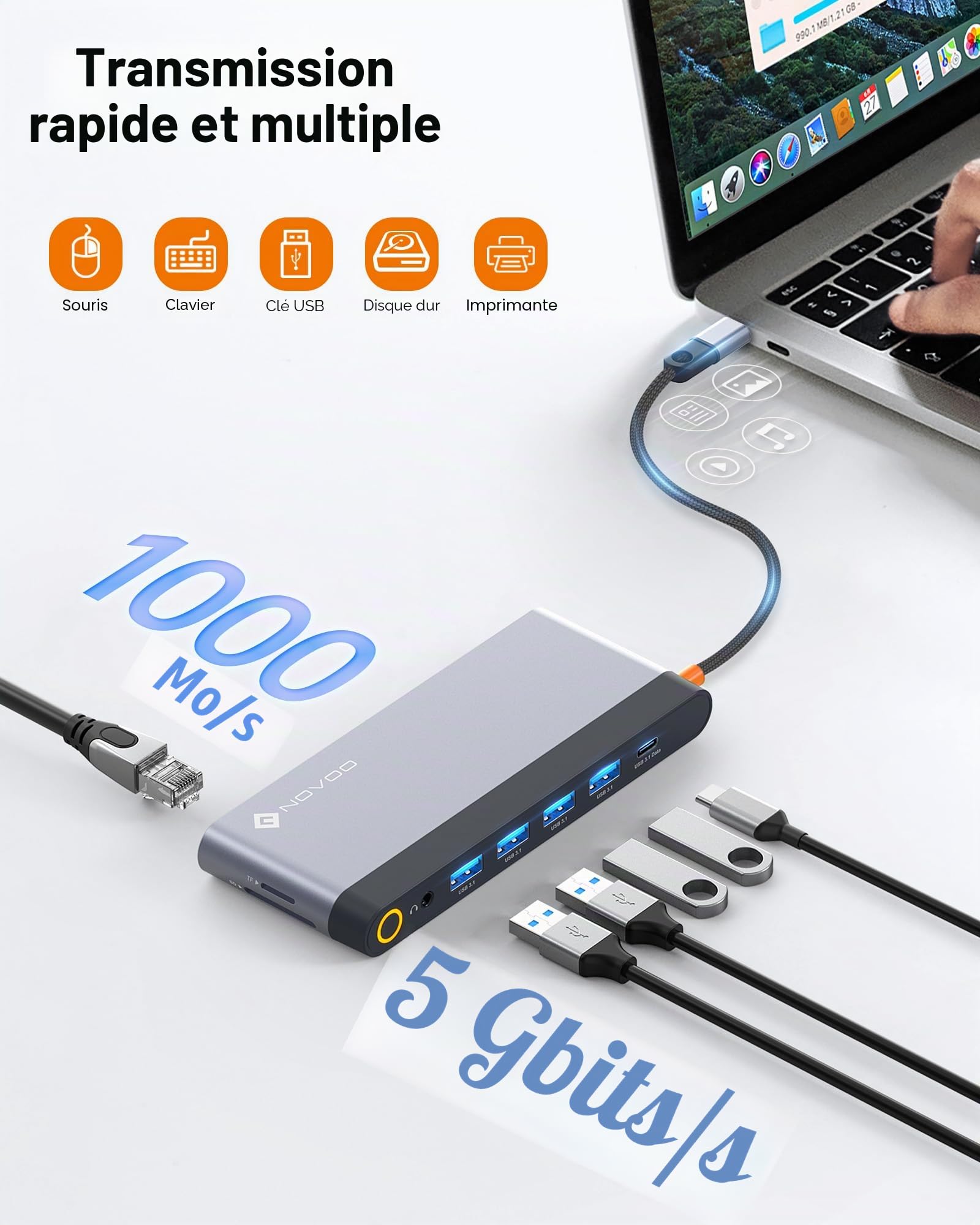 NOVOO Station d'accueil USB C 4 moniteurs, hub USB C 14 en 1 avec DisplayPort 4K @ 120 Hz, 2HDMI 4K @ 60 Hz, VGA, 4USB-A+1USB-C, PD 100 W, Gigabit Ethernet, SD/TF, audio/micro pour MacBook Dell (câble