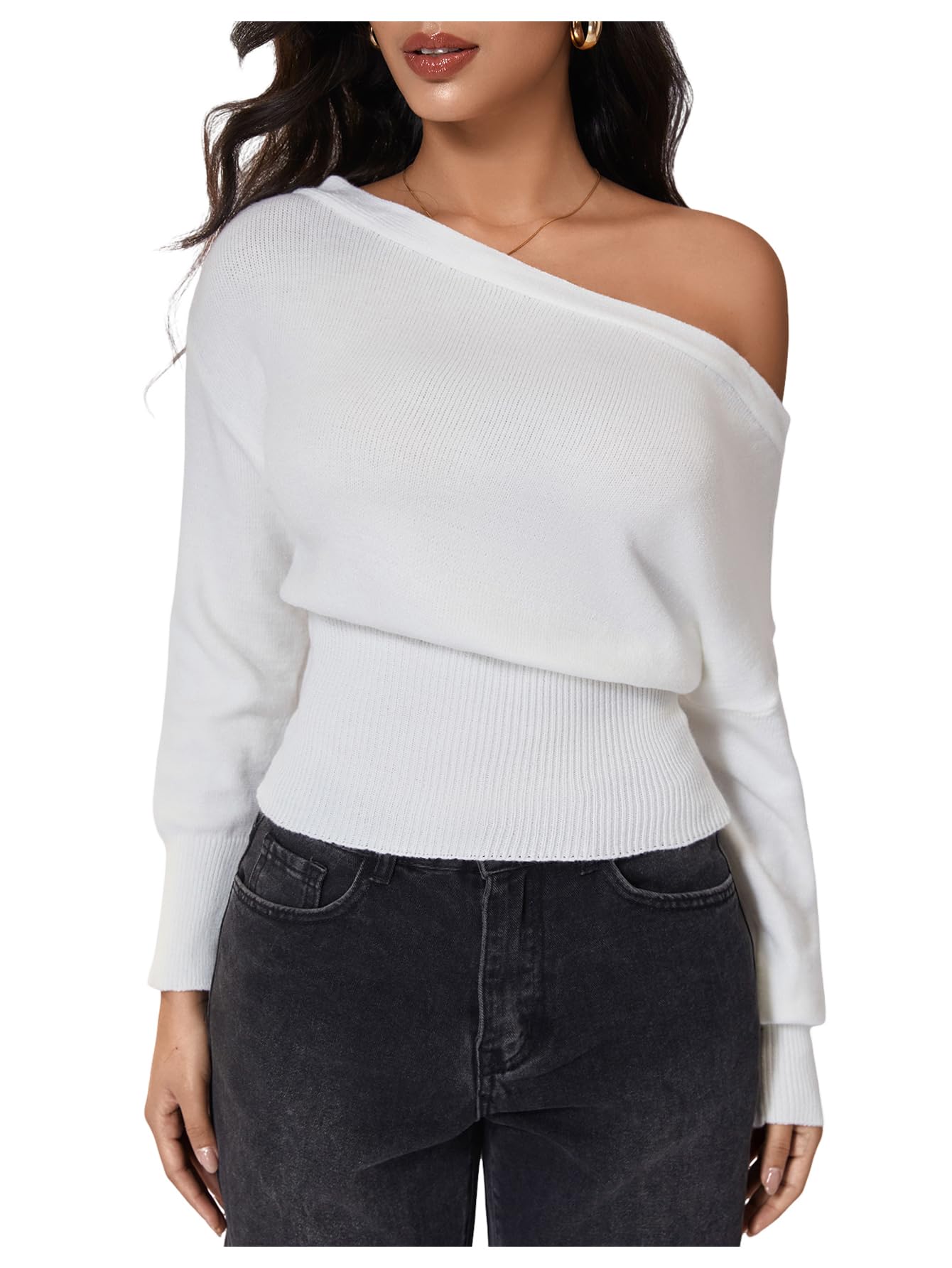 MakeMeChic Womens Long Sleeve One Shoulder Knit Top Boat Neck Lightweight Pullover Sweater