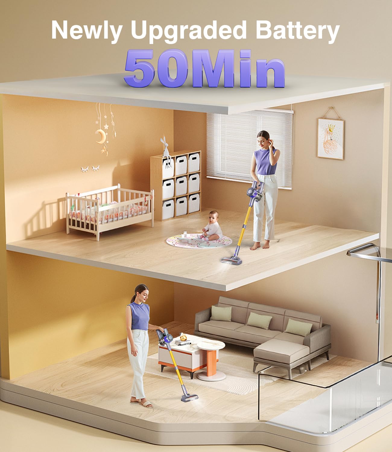 EUARY 40KPa/450W Aspiradora sin Cable, aspiradora sin Cable Potente hasta 50 Mins, con Smart Screen y Cepillo Antienredos, Alfombra Pelo Mascota Suelo Sofá (Purple Gold)
