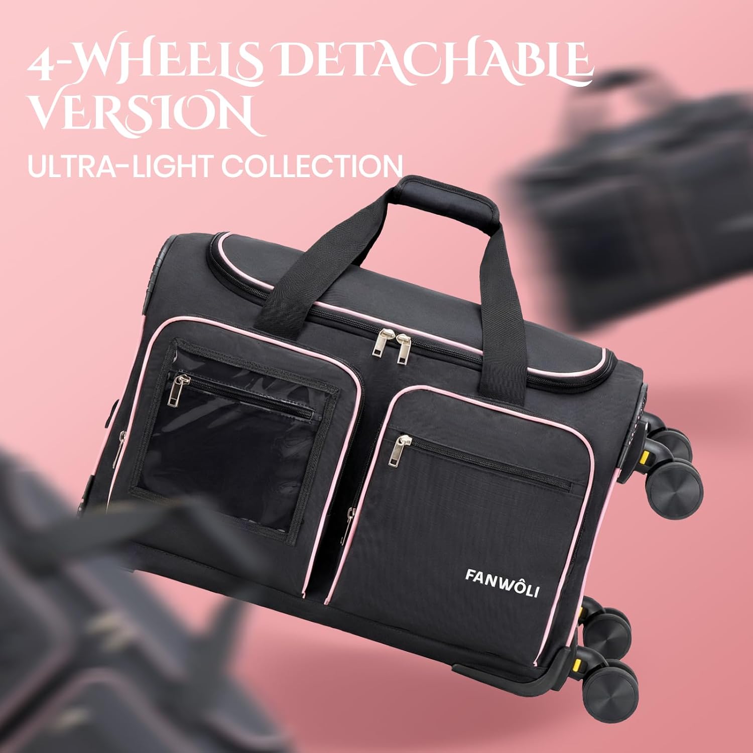 Fanwoli 23" Dance Bag with Garment Rack 4 Wheels | Detachable 360° Wheels | Ultra-Light Collection | Ideal Competition Duffle Bag for Dream, Black with Pink Trim