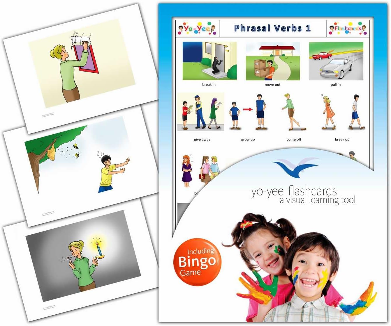 Yo-Yee Flashcards - Phrasal Verbs Flash Cards in English with Matching Bingo Game in One Set - Vocabulary Picture Cards for Toddlers, Kids, Children and Adults