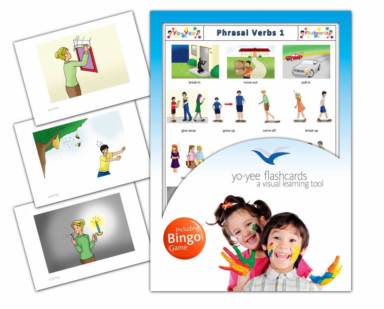 Yo-Yee Flashcards - Phrasal Verbs Flash Cards in English with Matching Bingo Game in One Set - Vocabulary Picture Cards for Toddlers, Kids, Children and Adults