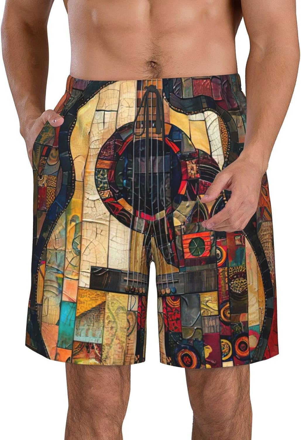 Art Guitar Pattern Print Men's Quick-Drying Shorts Casual Beach Pants Stretch Waist Shorts and Pockets