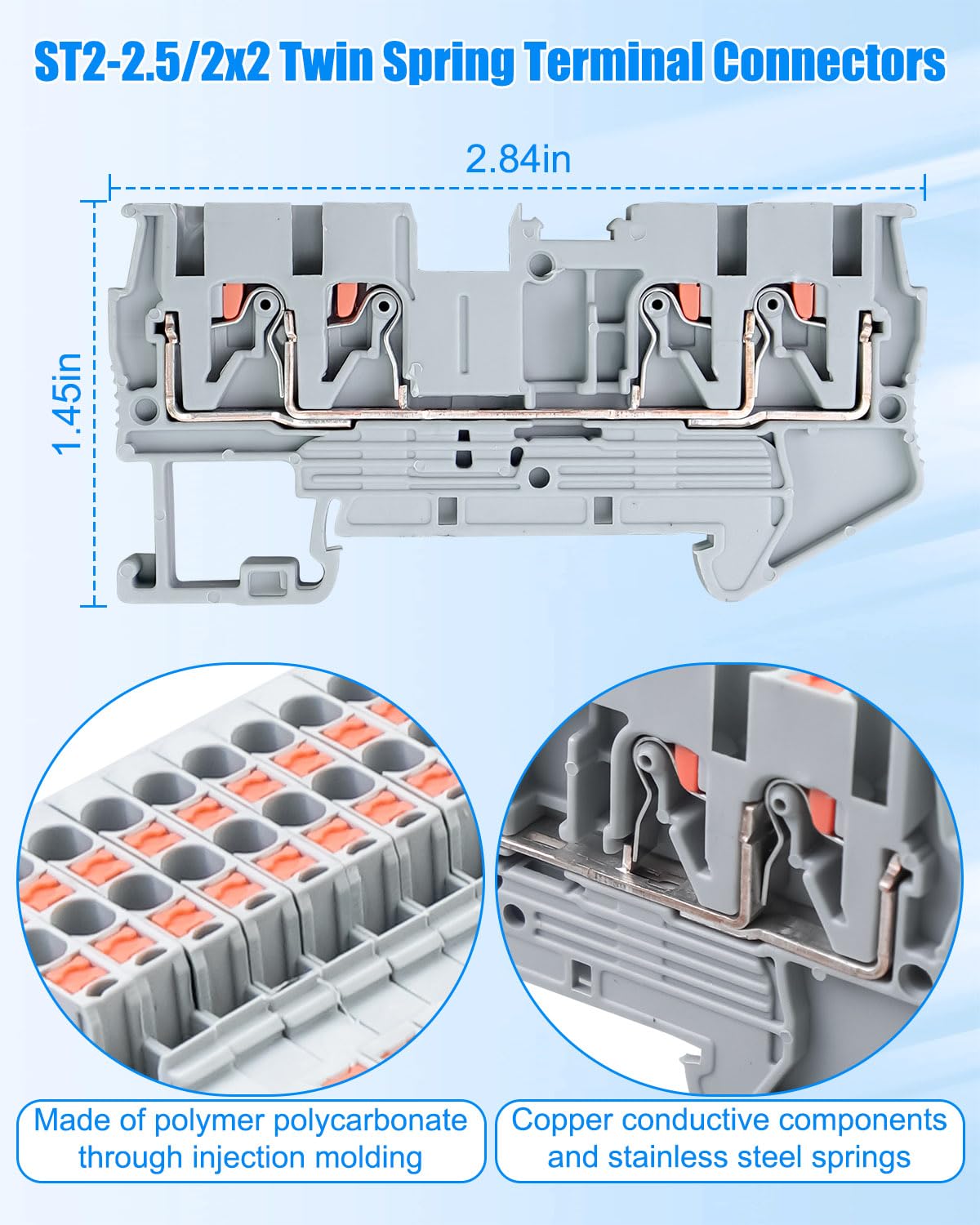 ST2-2.5/2x2 Twin Spring Terminal Connectors DIN Rail Terminal Block, Push in Type PT Screwless Wire Wiring Connector with 10 Covers 10 End Stops 6 Jumpers 56 Pcs