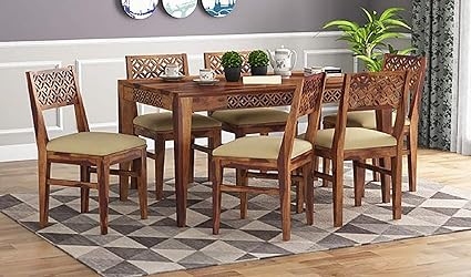 Krishna Wood Decor Wood Dining Table 6 Seater with Chair | 6 Seater Dining Table Set Wooden | Dining Room Set Furniture | Dining Table Set | Teak Finish