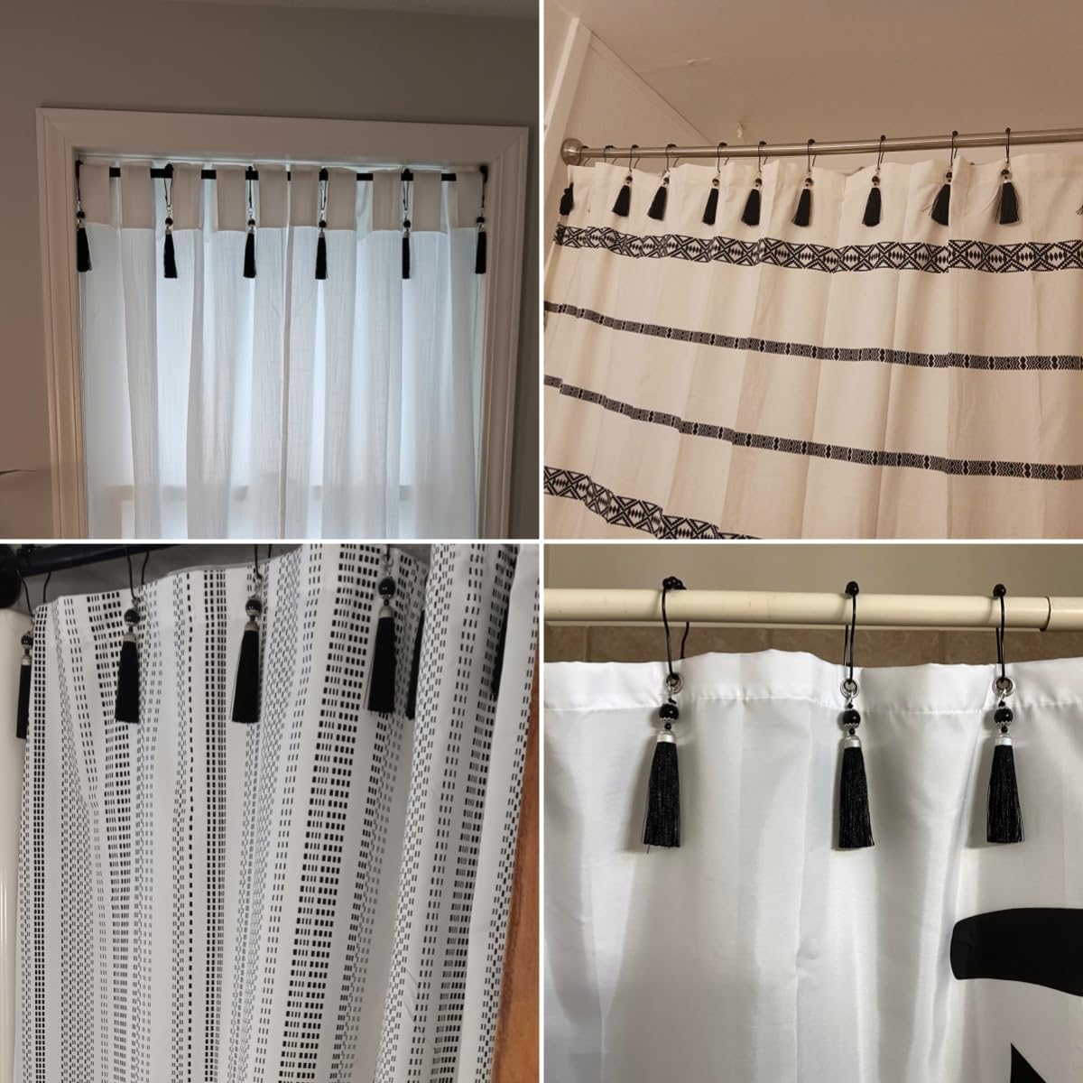 12Pcs Tassel Shower Curtain Hooks, Farmhouse Boho Bathroom Decor, Black