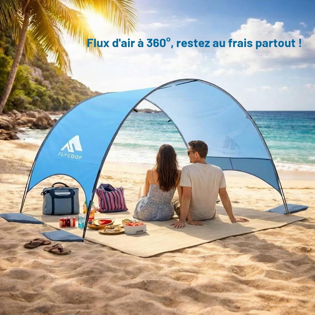 Parasol de Plage amélioré 2026 avec Protection UV UPF 50+ – Auvent de Plage Compact et Portable avec Ventilation à 360°, Cordes à Vent et piquets – Famille, Voyage, arrière-Cour, Parc