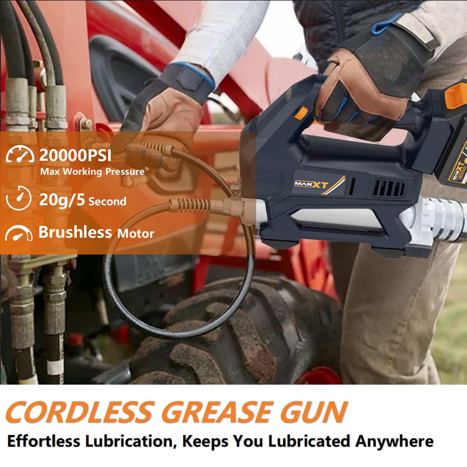 MAXXT Pistola per Grasso a Batteria, Ingrassatore Elettrico da 20V 20000 PSI con LED, Pistole per Grasso Kit Professionali Senza Fili con 4.0Ah Batteria e Caricabatterie