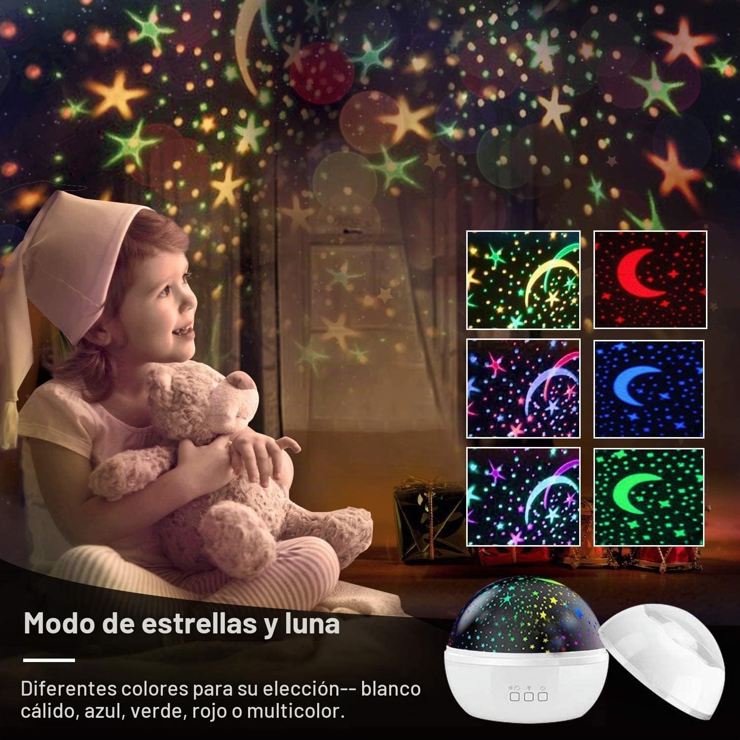Proyector Estrellas, Luz Nocturna Infantil Giratorio 360 Proyector Bebe Techo Adultos Lampara Niños, Ideal para Habitación de Bebé/Fiesta