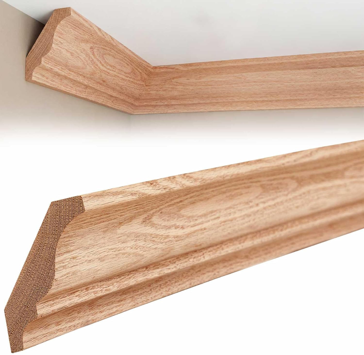 DoubleFill 2 Pack Solid Red Oak Hardwood Crown Molding Trim 47" x 3/4" x 3-5/8" Real Wood Colonial Ceiling Molding, Unfinished & Stainable, Easy Install, Alternative to Foam & Plastic Trim, 94" Total