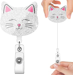 Cat Badge Reel, Cute Cat Badge Reels Retractable, Smiling ID Badge Reel Cat for Nurse Office Worker Teacher Student Pediatric Doctor Medical Worker
