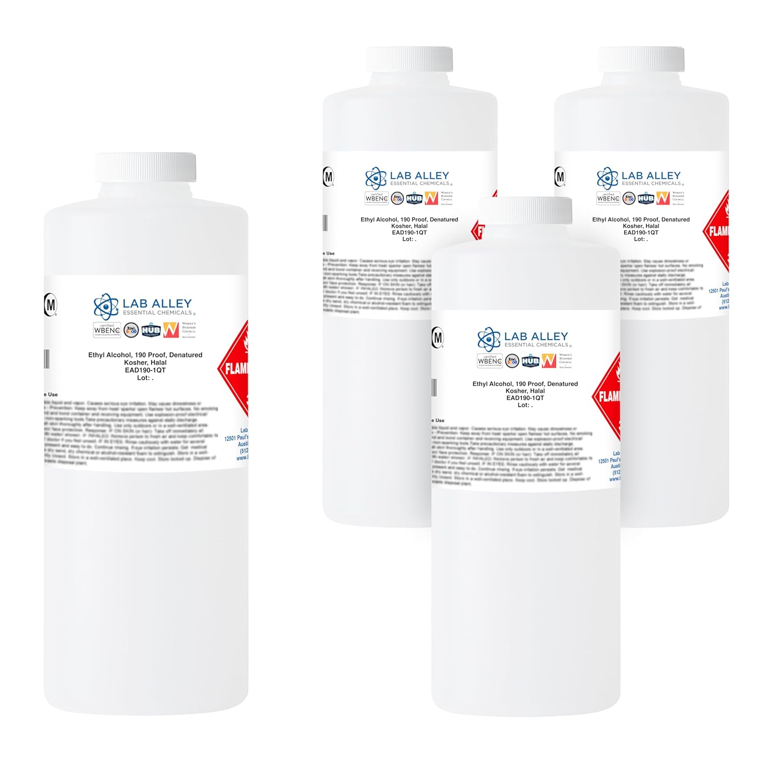 Lab Alley Ethanol 190 Proof Denatured Alcohol, High Purity Solvent, Kosher & Halal Certified,1 Gallon Total (4 × 1 Quart Bottles)