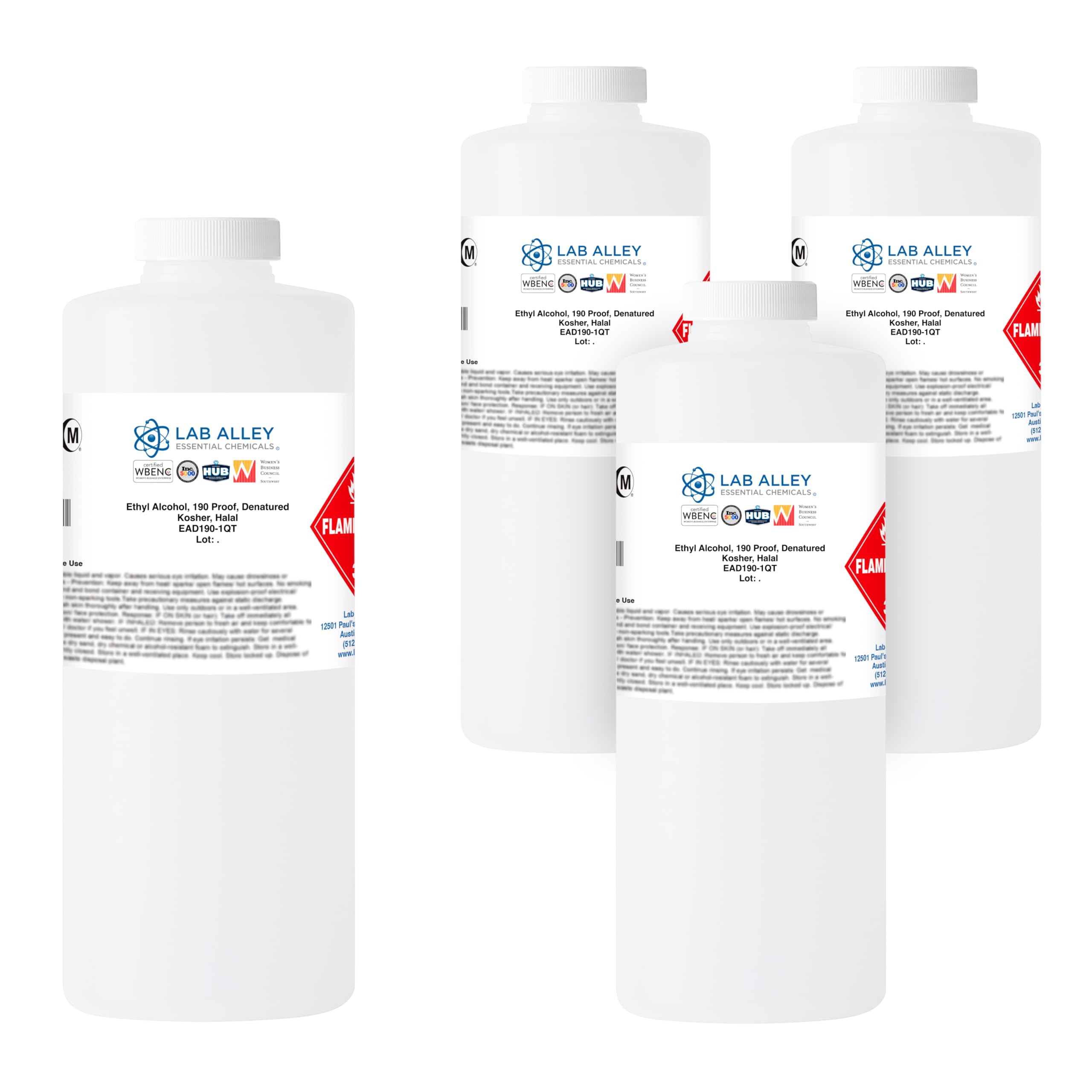 Ethanol 190 Proof Denatured Alcohol, High Purity Solvent, Kosher & Halal Certified,1 Gallon Total (4 ร 1 Quart Bottles)