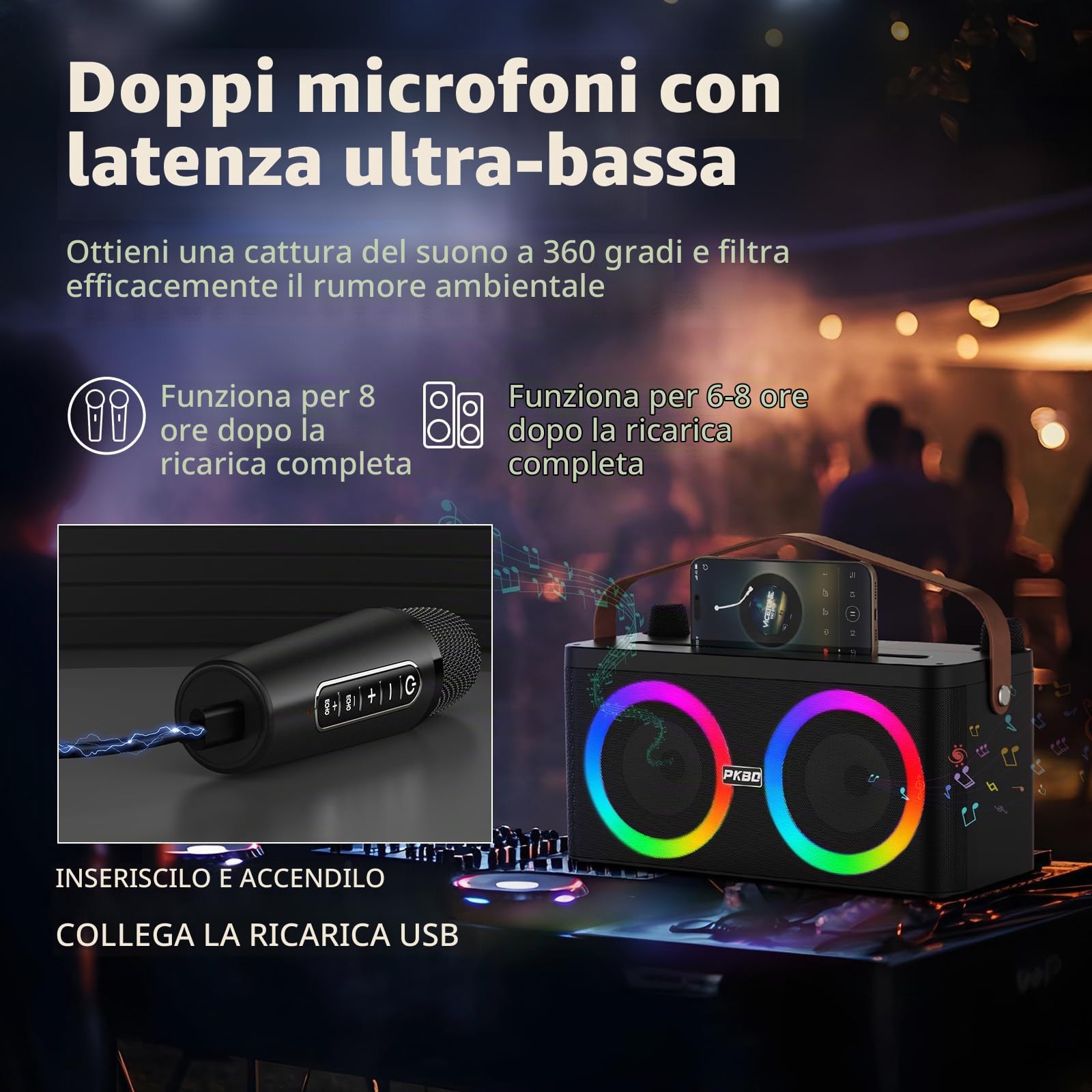 Karaoke con Supporto per Telefono/Tablet, per Casa e Feste | Con Due Microfoni Wireless/Luci LED /Sistema PA, Positionnement du Microphone d'Appoint