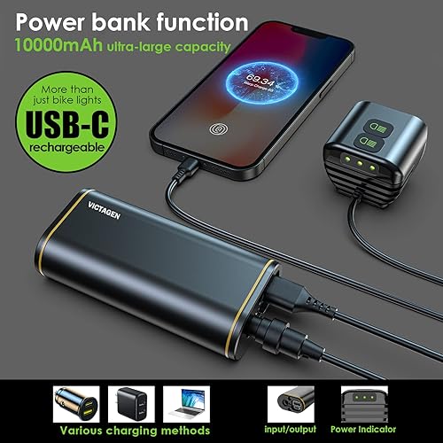 Miniatura 6 de Victagen Luz de bicicleta de 12000 lúmenes, luces de bicicleta para conducción nocturna, 4 luces LED para bicicleta, impermeable, tipo C,