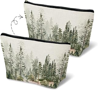 Green Forest Trees Makeup Bag for Purse, Rustic Misty Woodland Nature Mountain Landscape Tree Cosmetic Bag Travel Toiletry Bag for Women, Watercolor Nature Scene Forest Zipper Makeup Pouch