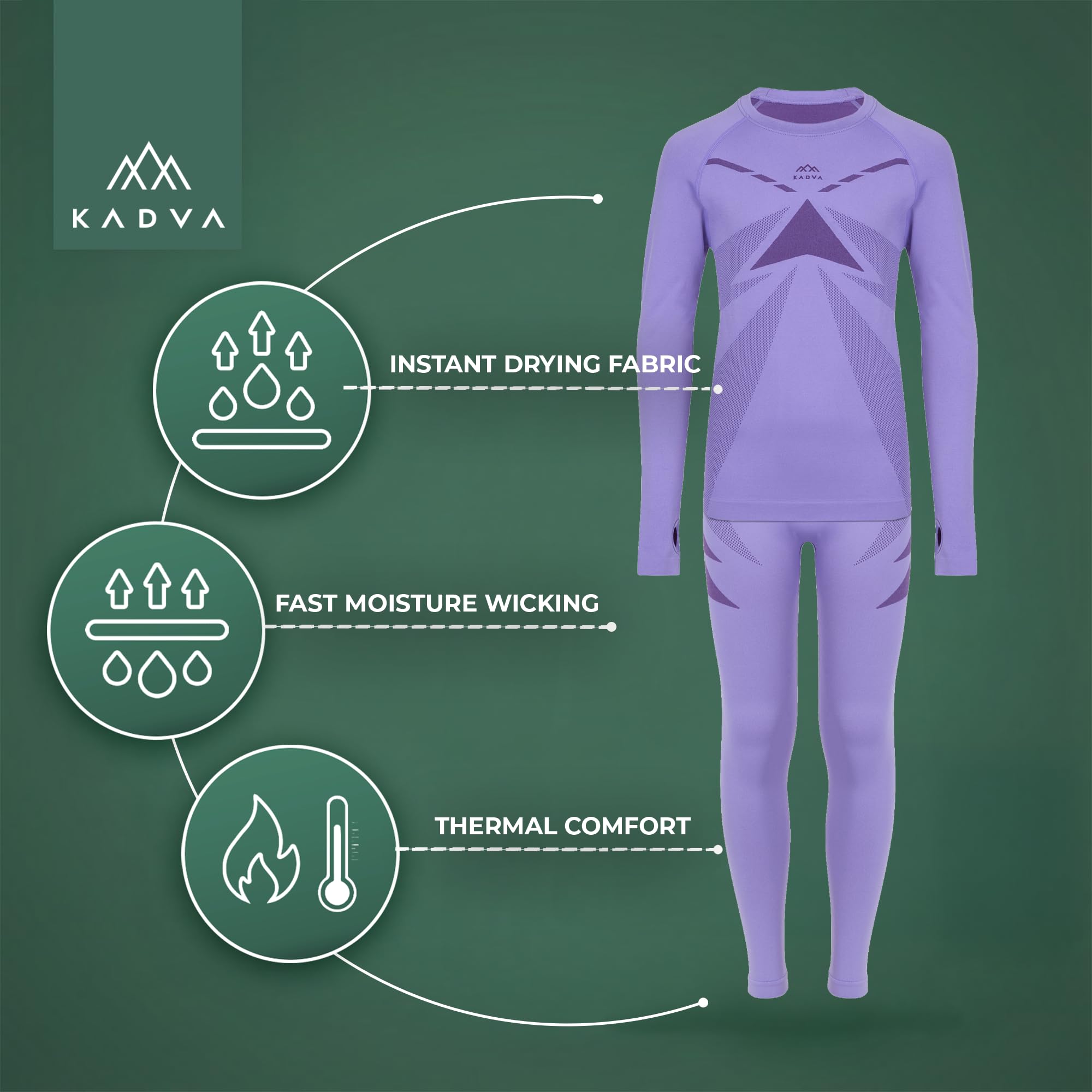 KADVA – Completo Intimo Termico Bambino – AlpineStep Thermo Light Plus Base Layer Viola con Maglia Maniche Lunghe Senza Cuciture e Leggings per Il Freddo